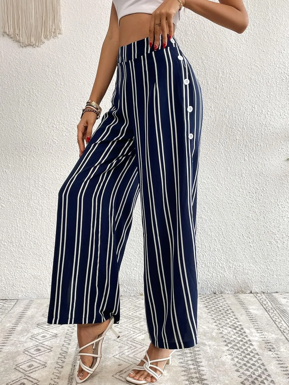 WDIRARA Women's Plus Size Striped Palazzo Pants High Waisted Wide Leg Cropped Trousers
