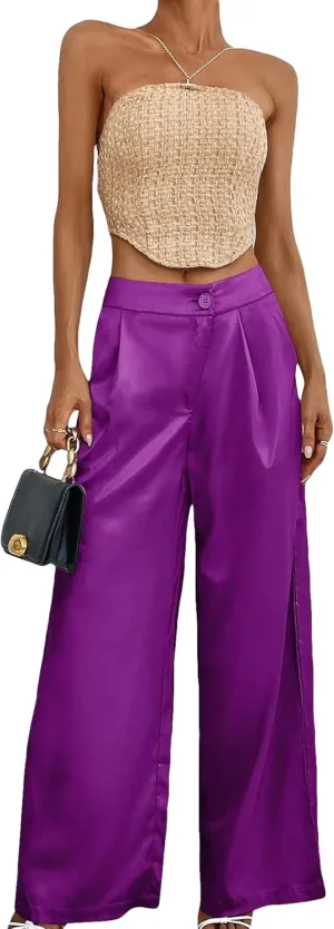 WDIRARA Women's Satin Pants Wide Leg High Waisted Loose Elegant Office Simple Pants