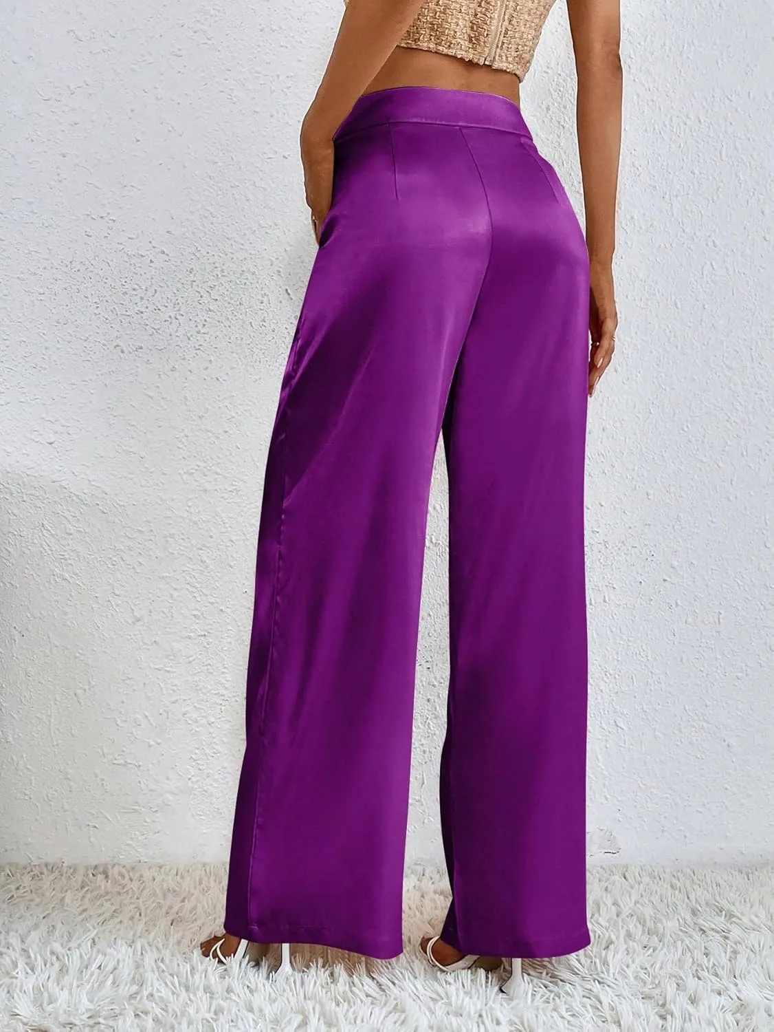 WDIRARA Women's Satin Pants Wide Leg High Waisted Loose Elegant Office Simple Pants