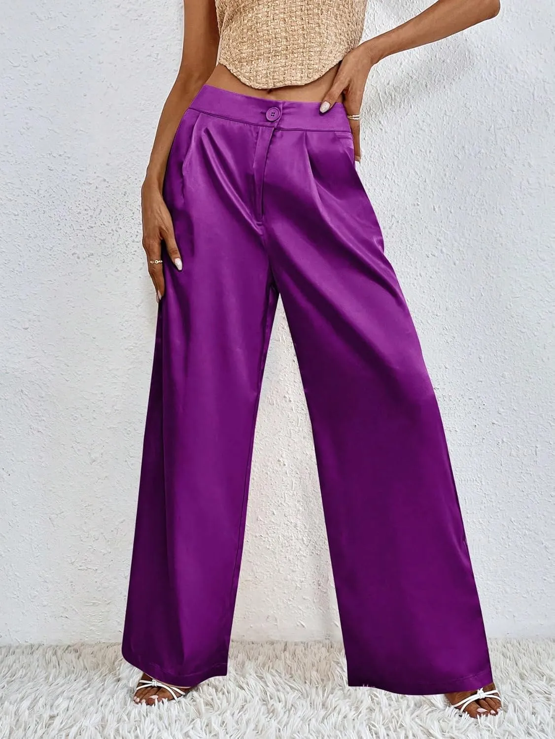 WDIRARA Women's Satin Pants Wide Leg High Waisted Loose Elegant Office Simple Pants