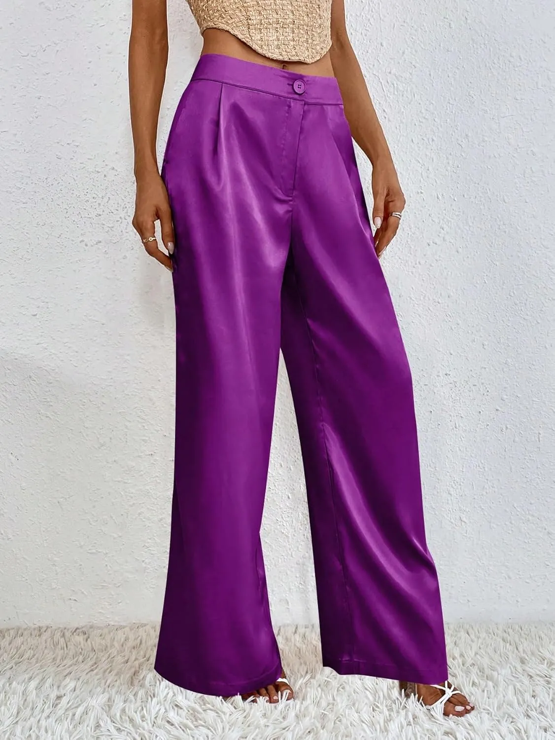 WDIRARA Women's Satin Pants Wide Leg High Waisted Loose Elegant Office Simple Pants