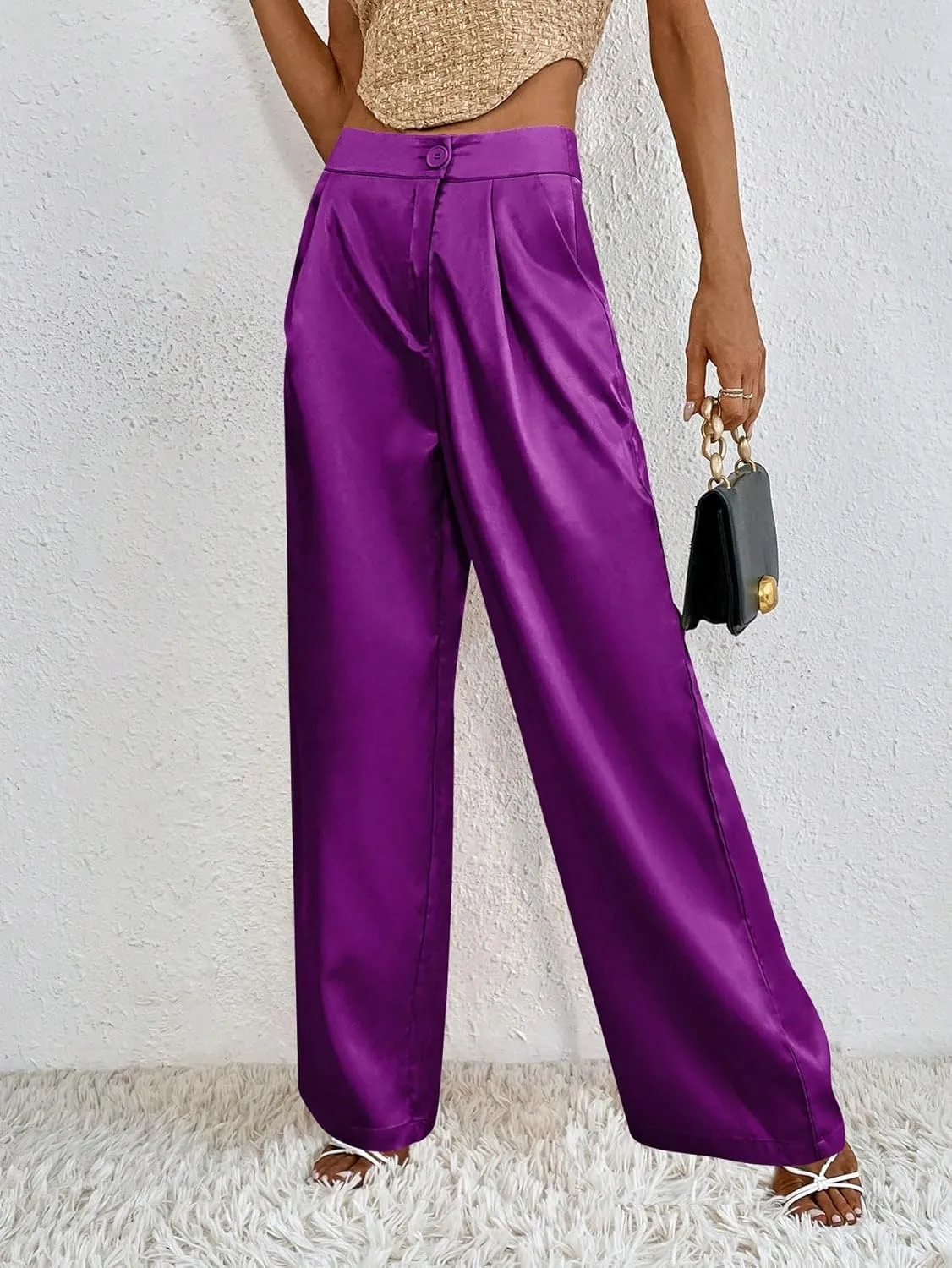 WDIRARA Women's Satin Pants Wide Leg High Waisted Loose Elegant Office Simple Pants