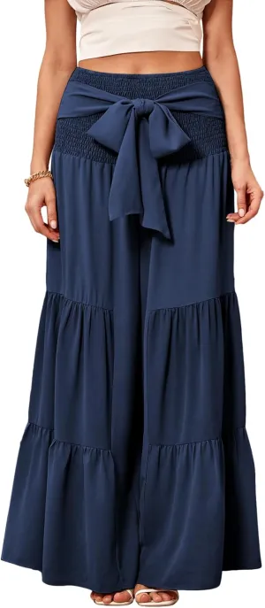 WDIRARA Women's Shirred Elastic Waist Tie Front Ruffle Hem Wide Leg Pants