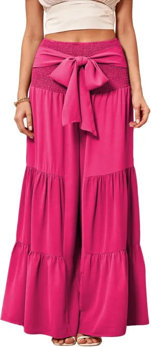 WDIRARA Women's Shirred Elastic Waist Tie Front Ruffle Hem Wide Leg Pants