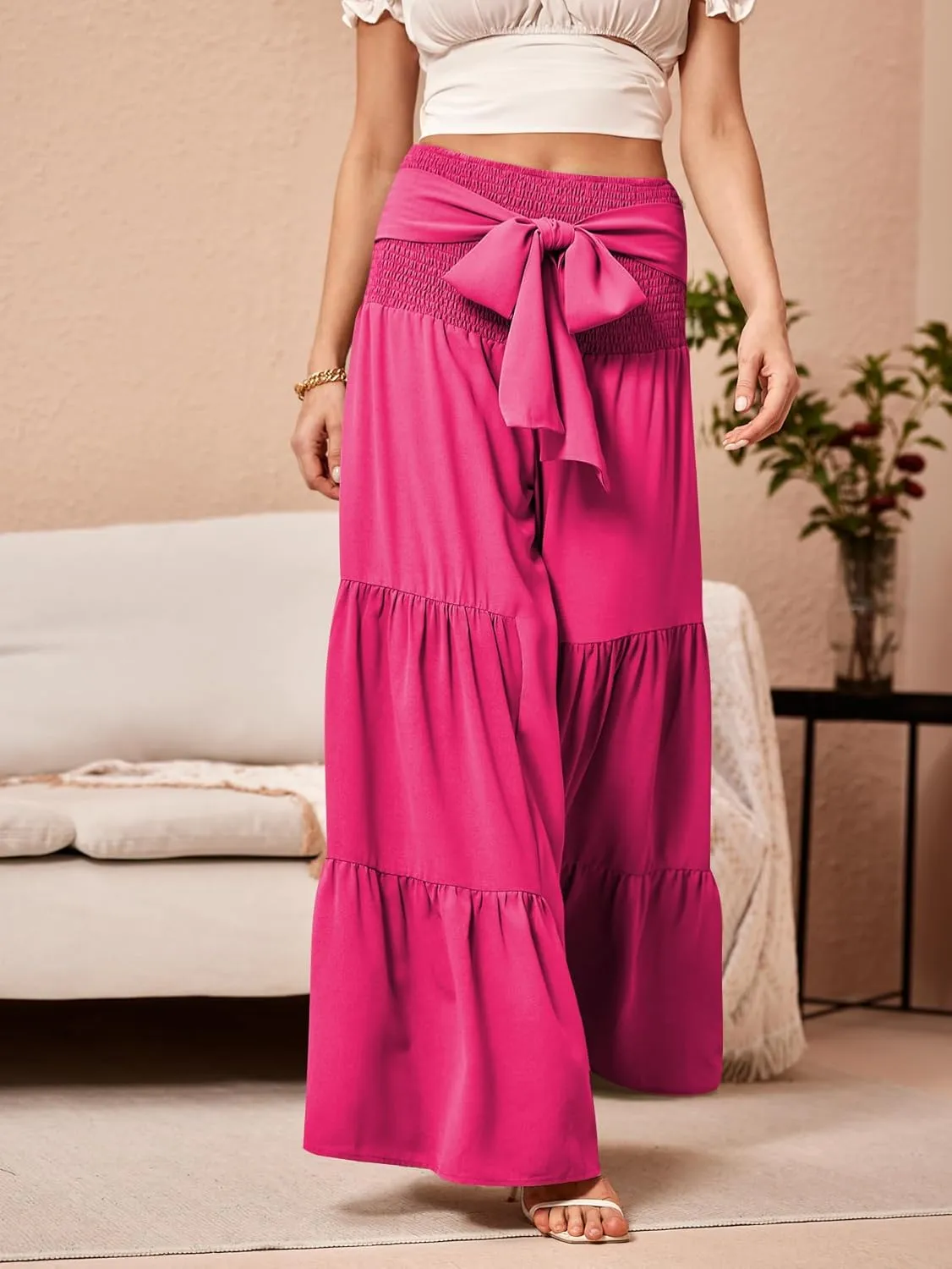 WDIRARA Women's Shirred Elastic Waist Tie Front Ruffle Hem Wide Leg Pants