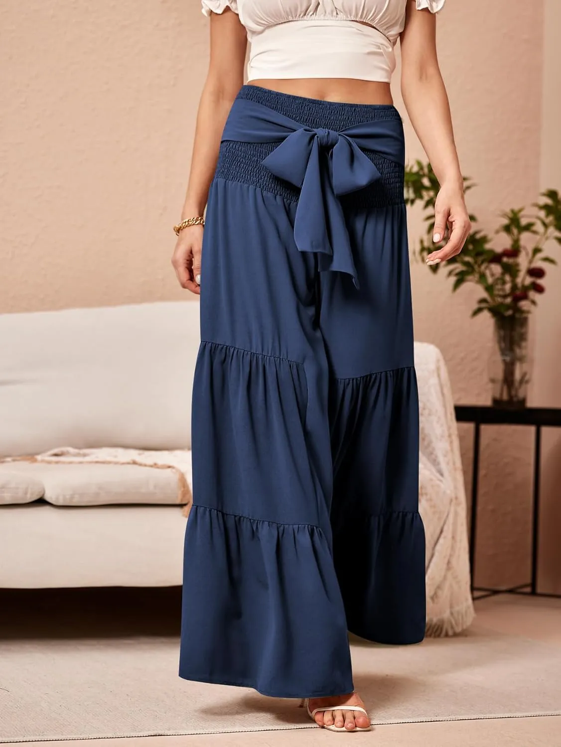WDIRARA Women's Shirred Elastic Waist Tie Front Ruffle Hem Wide Leg Pants