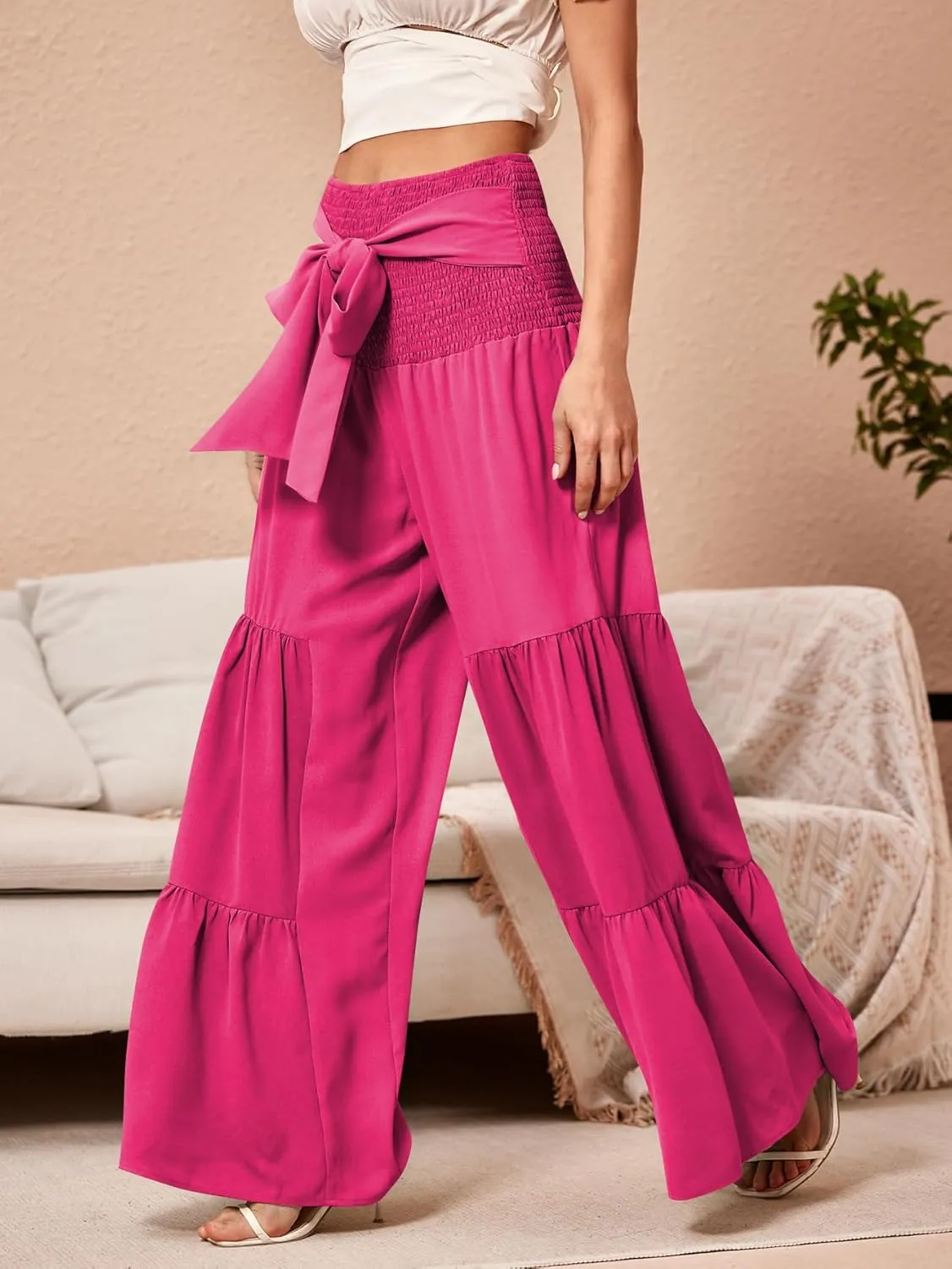 WDIRARA Women's Shirred Elastic Waist Tie Front Ruffle Hem Wide Leg Pants