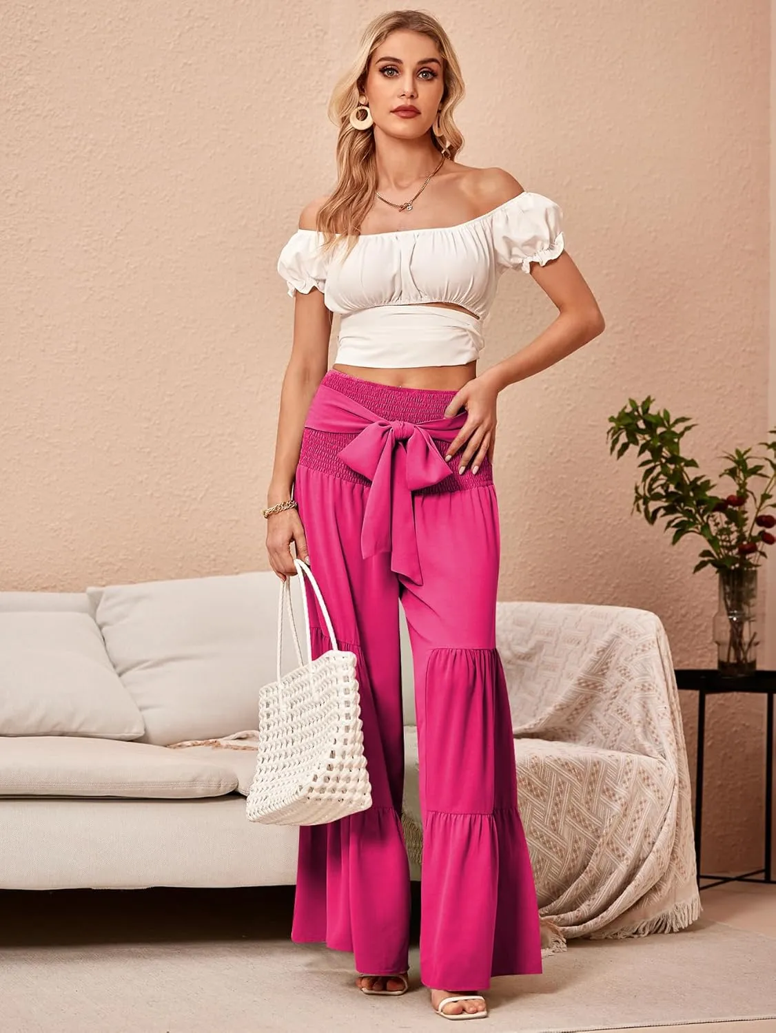 WDIRARA Women's Shirred Elastic Waist Tie Front Ruffle Hem Wide Leg Pants