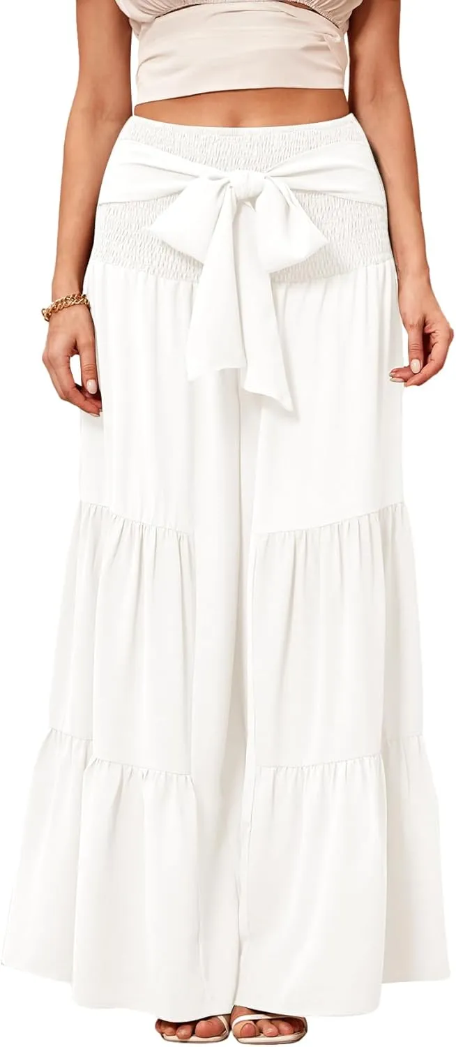 WDIRARA Women's Shirred Elastic Waist Tie Front Ruffle Hem Wide Leg Pants