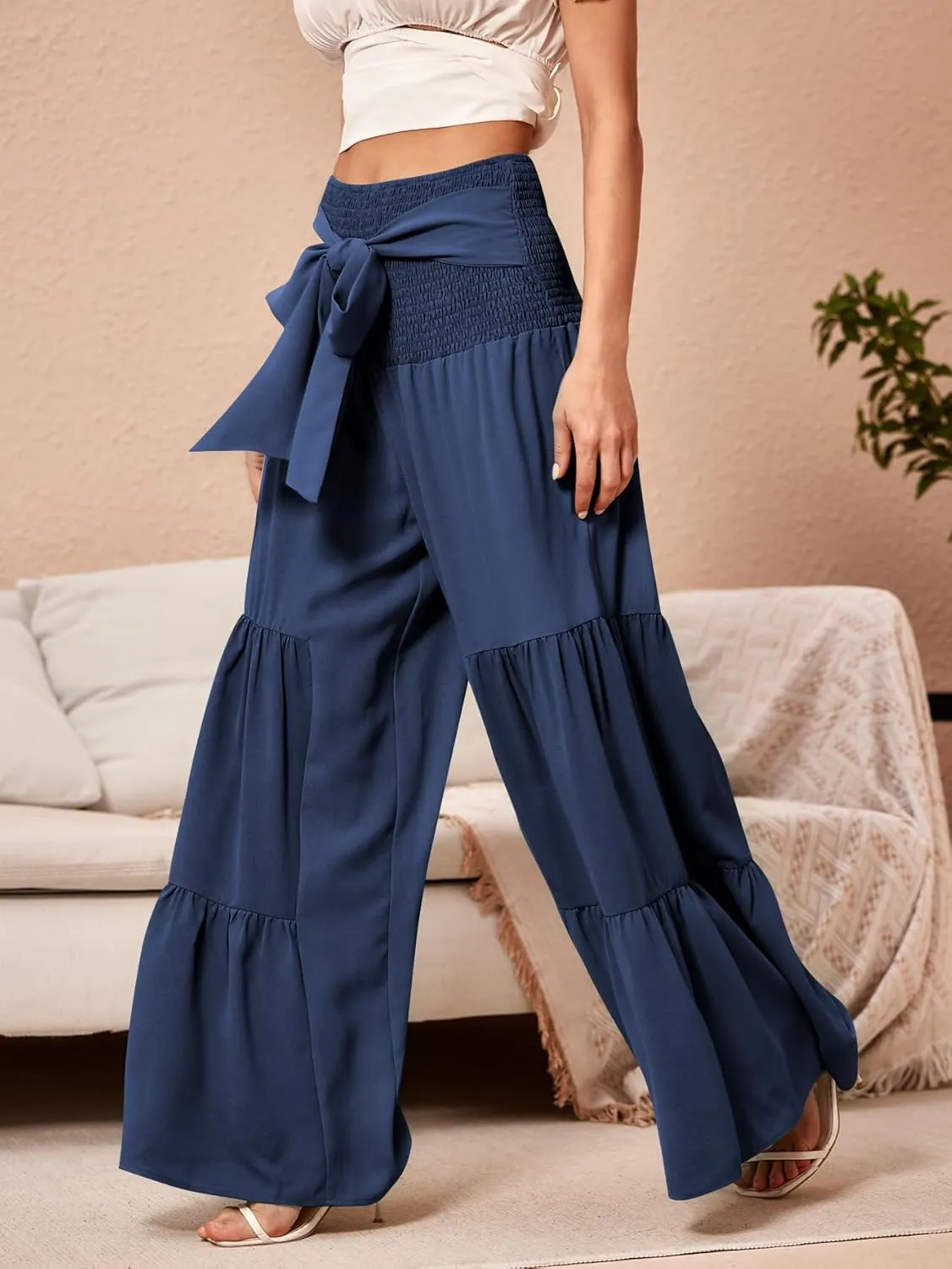 WDIRARA Women's Shirred Elastic Waist Tie Front Ruffle Hem Wide Leg Pants