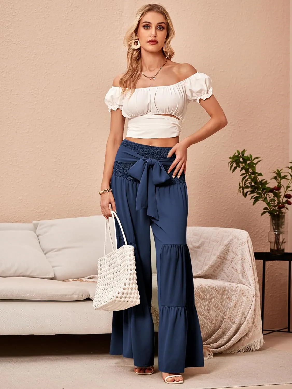 WDIRARA Women's Shirred Elastic Waist Tie Front Ruffle Hem Wide Leg Pants