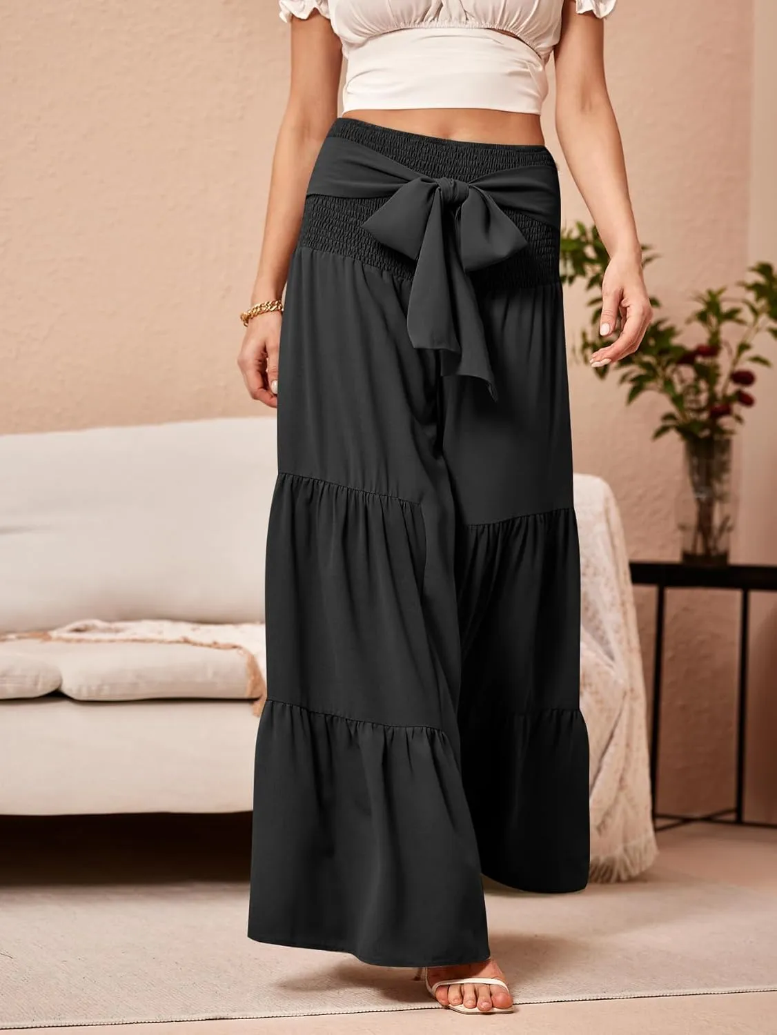 WDIRARA Women's Shirred Elastic Waist Tie Front Ruffle Hem Wide Leg Pants