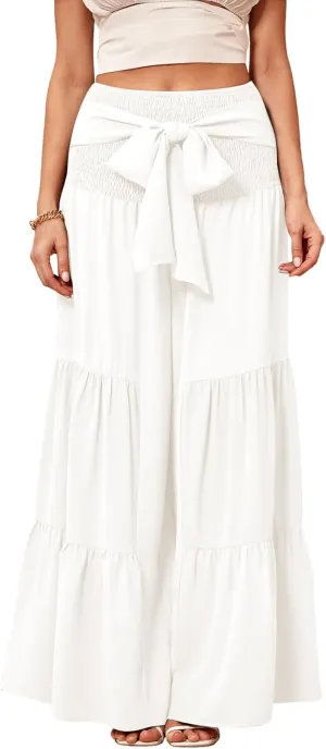 WDIRARA Women's Shirred Elastic Waist Tie Front Ruffle Hem Wide Leg Pants