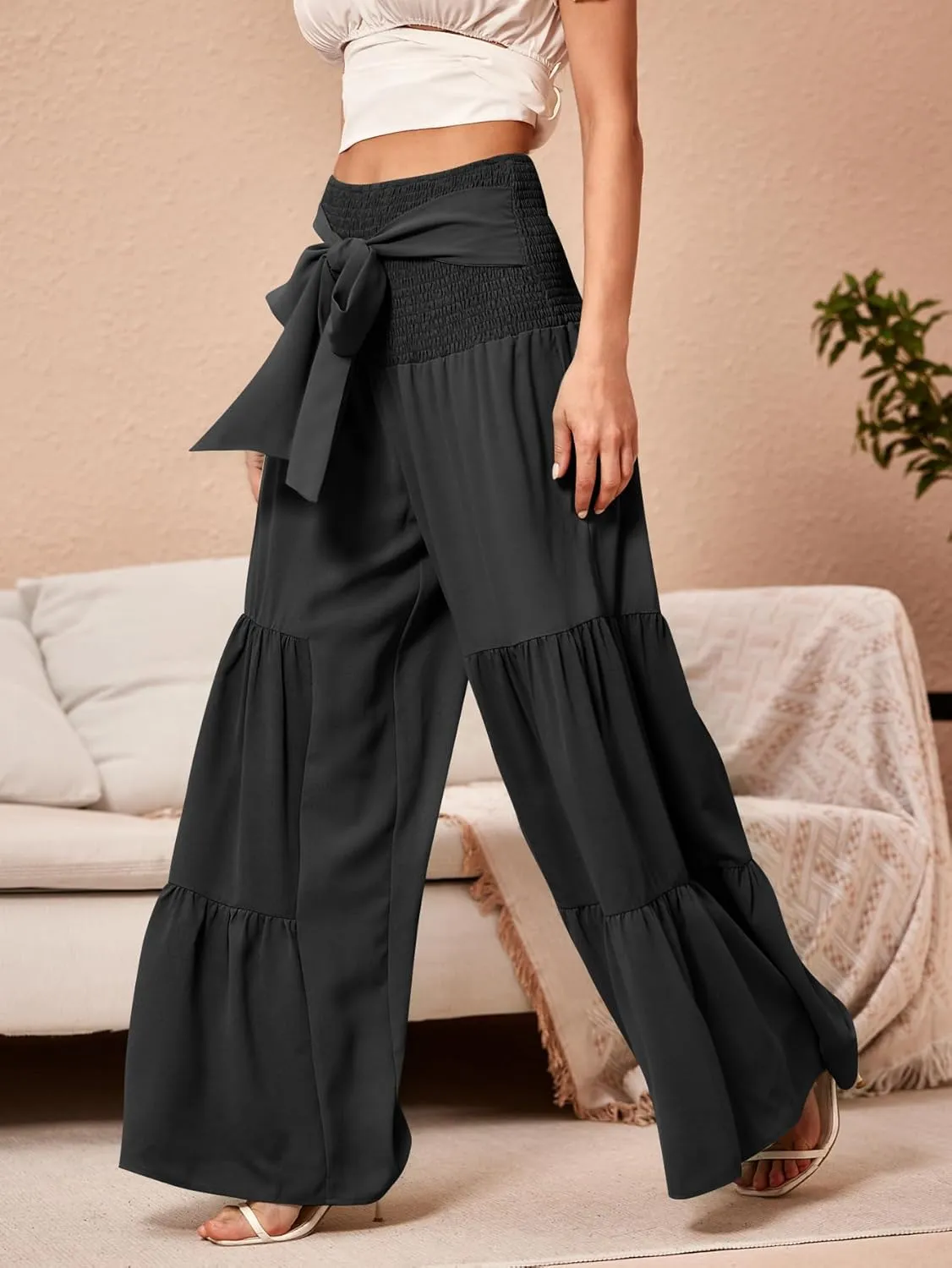 WDIRARA Women's Shirred Elastic Waist Tie Front Ruffle Hem Wide Leg Pants