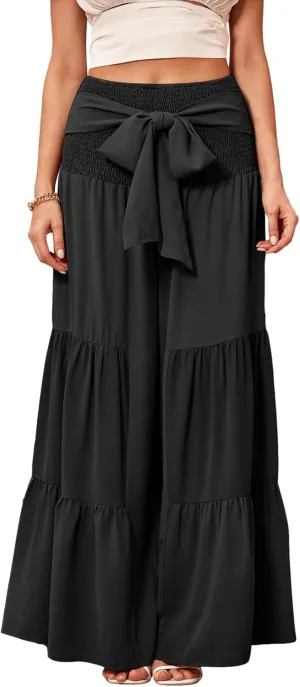 WDIRARA Women's Shirred Elastic Waist Tie Front Ruffle Hem Wide Leg Pants