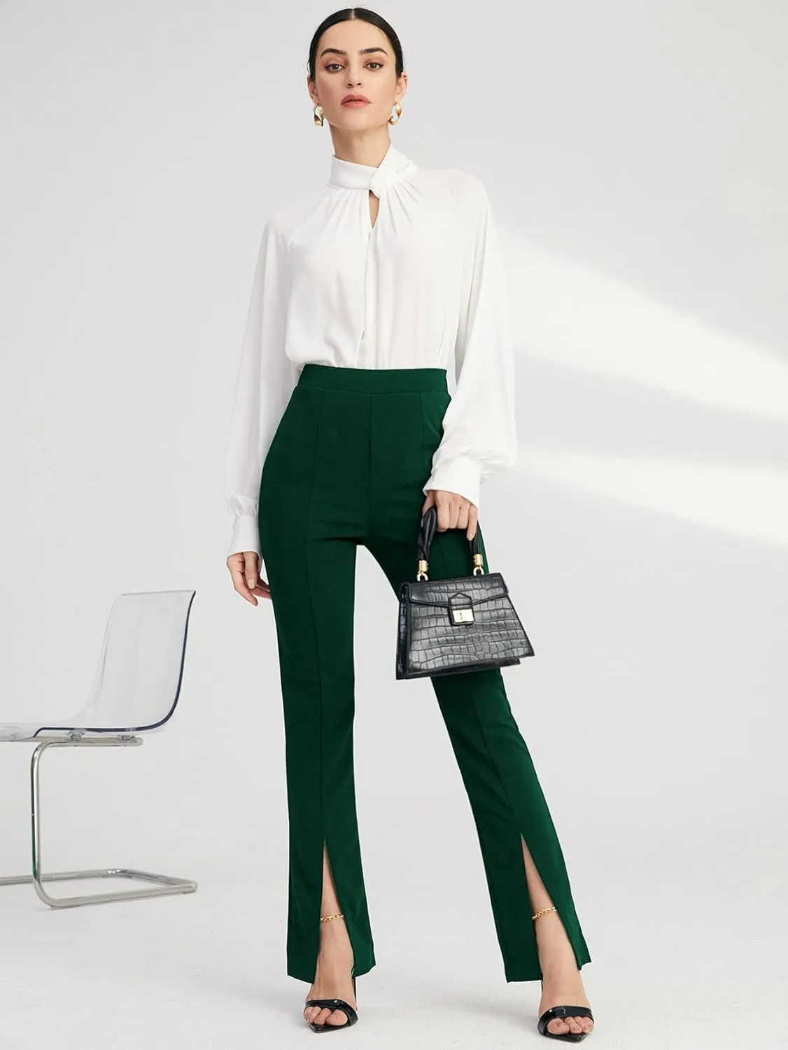 WDIRARA Women's Split Front Elastic High Waist Elegant Flare Leg Long Pants