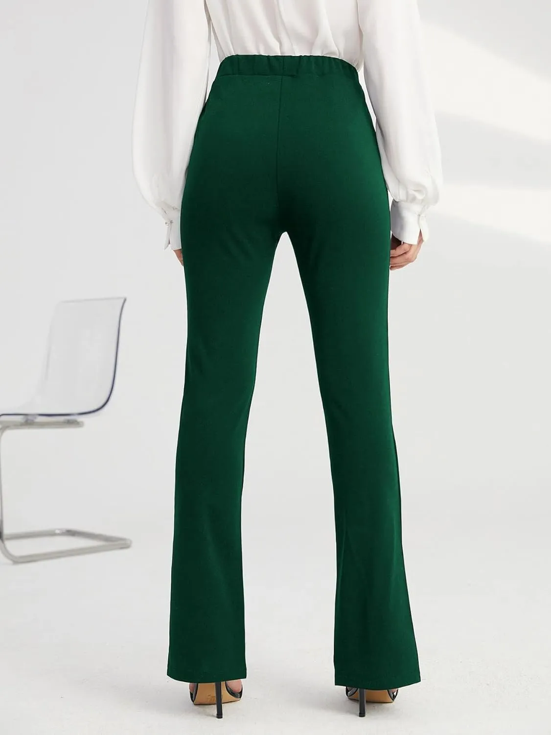 WDIRARA Women's Split Front Elastic High Waist Elegant Flare Leg Long Pants