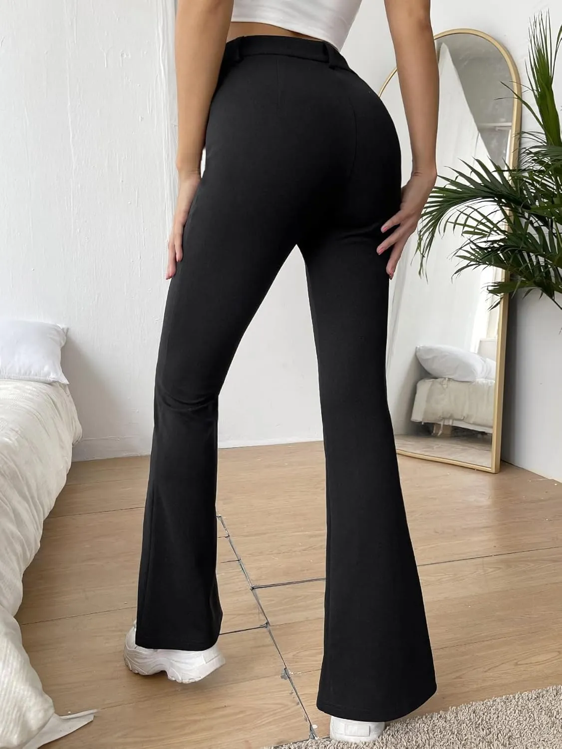 WDIRARA Women's Split Front Elastic High Waist Elegant Flare Leg Long Pants