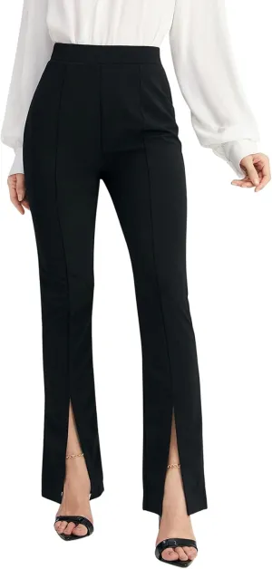 WDIRARA Women's Split Front Elastic High Waist Elegant Flare Leg Long Pants