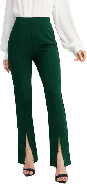 WDIRARA Women's Split Front Elastic High Waist Elegant Flare Leg Long Pants