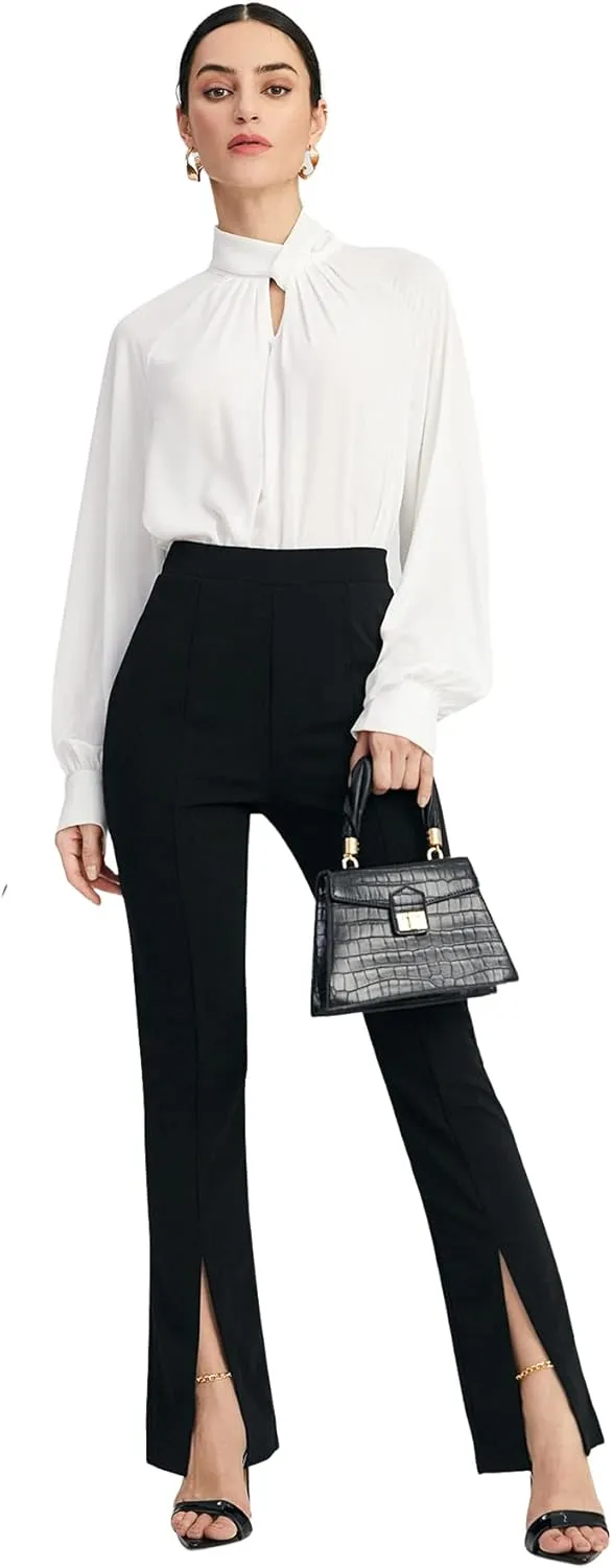 WDIRARA Women's Split Front Elastic High Waist Elegant Flare Leg Long Pants
