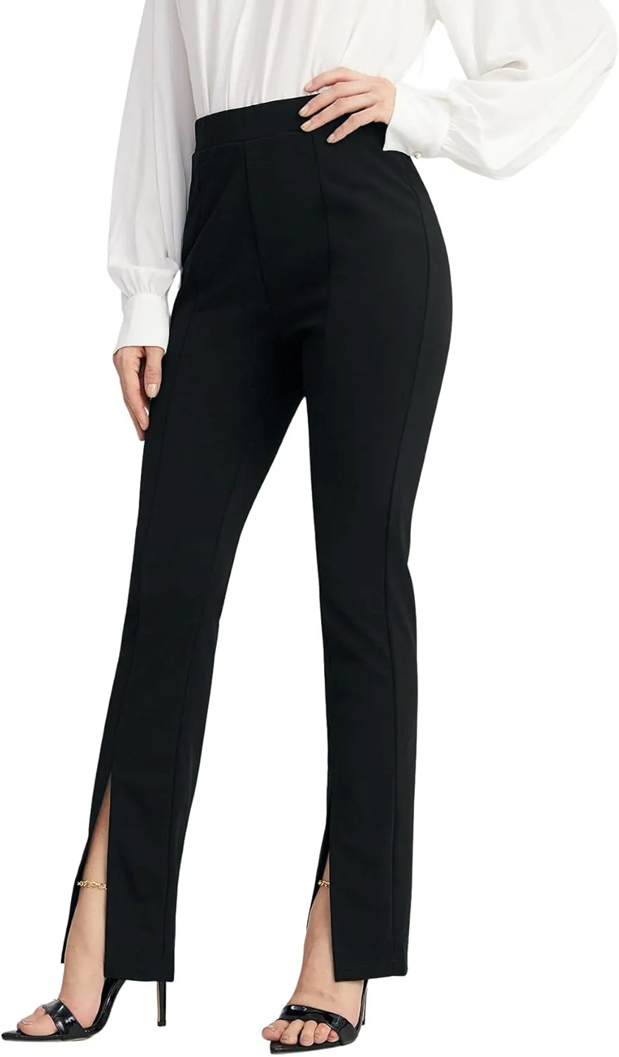WDIRARA Women's Split Front Elastic High Waist Elegant Flare Leg Long Pants