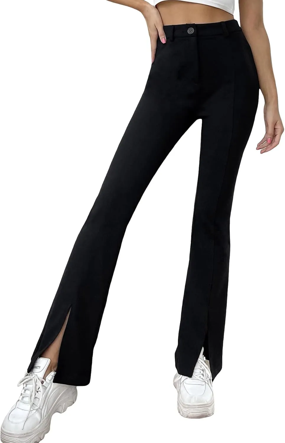 WDIRARA Women's Split Front Elastic High Waist Elegant Flare Leg Long Pants