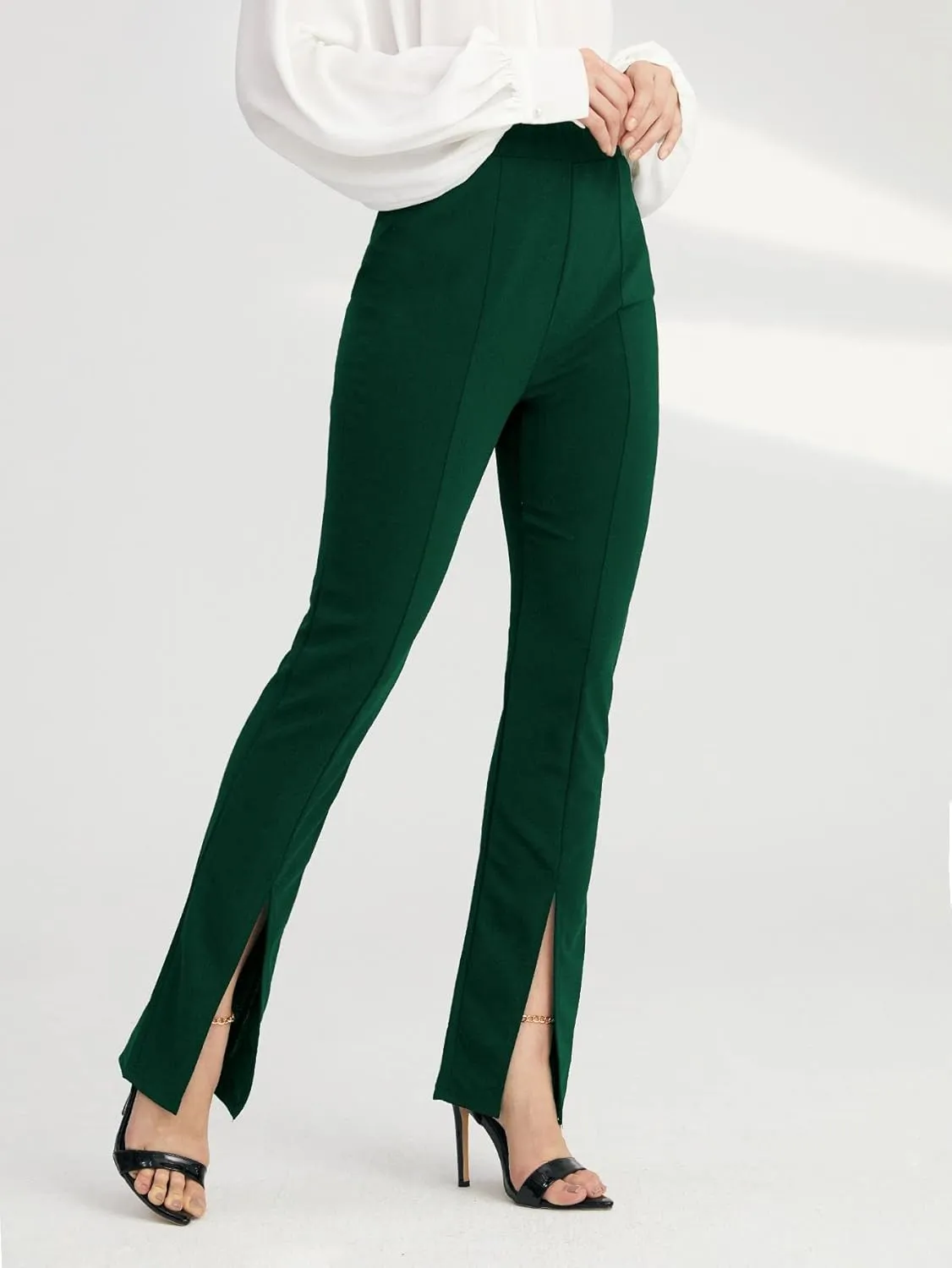 WDIRARA Women's Split Front Elastic High Waist Elegant Flare Leg Long Pants