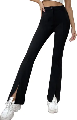 WDIRARA Women's Split Front Elastic High Waist Elegant Flare Leg Long Pants
