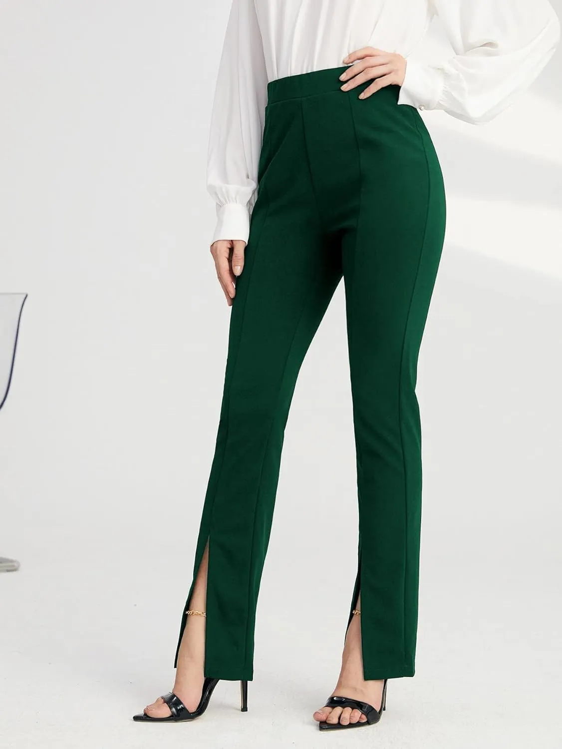 WDIRARA Women's Split Front Elastic High Waist Elegant Flare Leg Long Pants