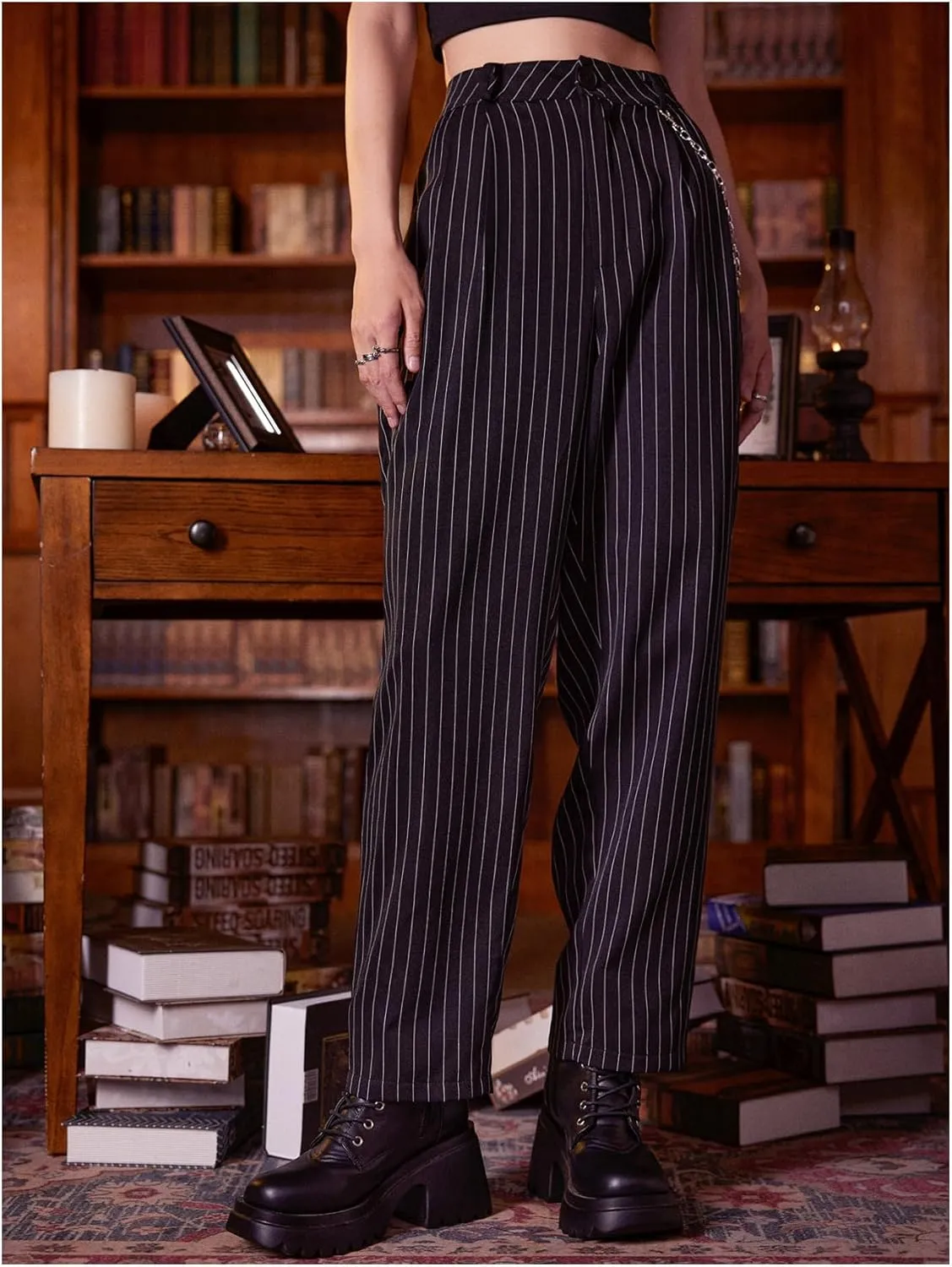 WDIRARA Women's Y2k Plaid Print Elastic Waist Fashion Straight Leg Pants Trousers