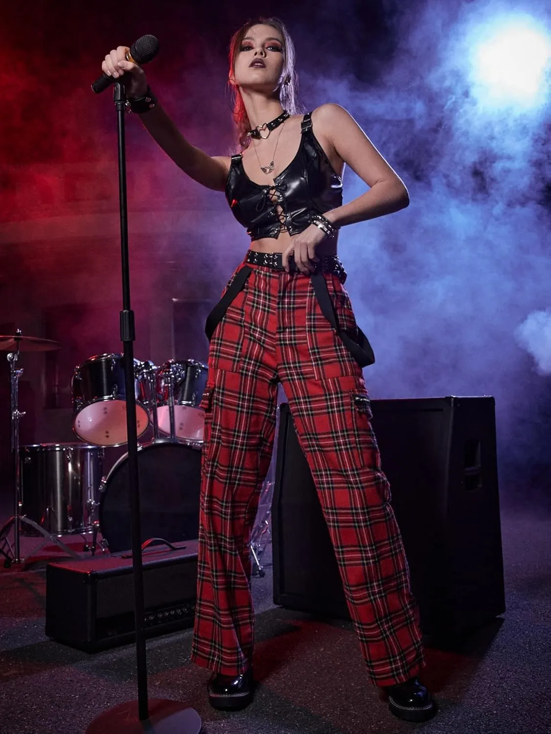 WDIRARA Women's Y2k Plaid Print Elastic Waist Fashion Straight Leg Pants Trousers