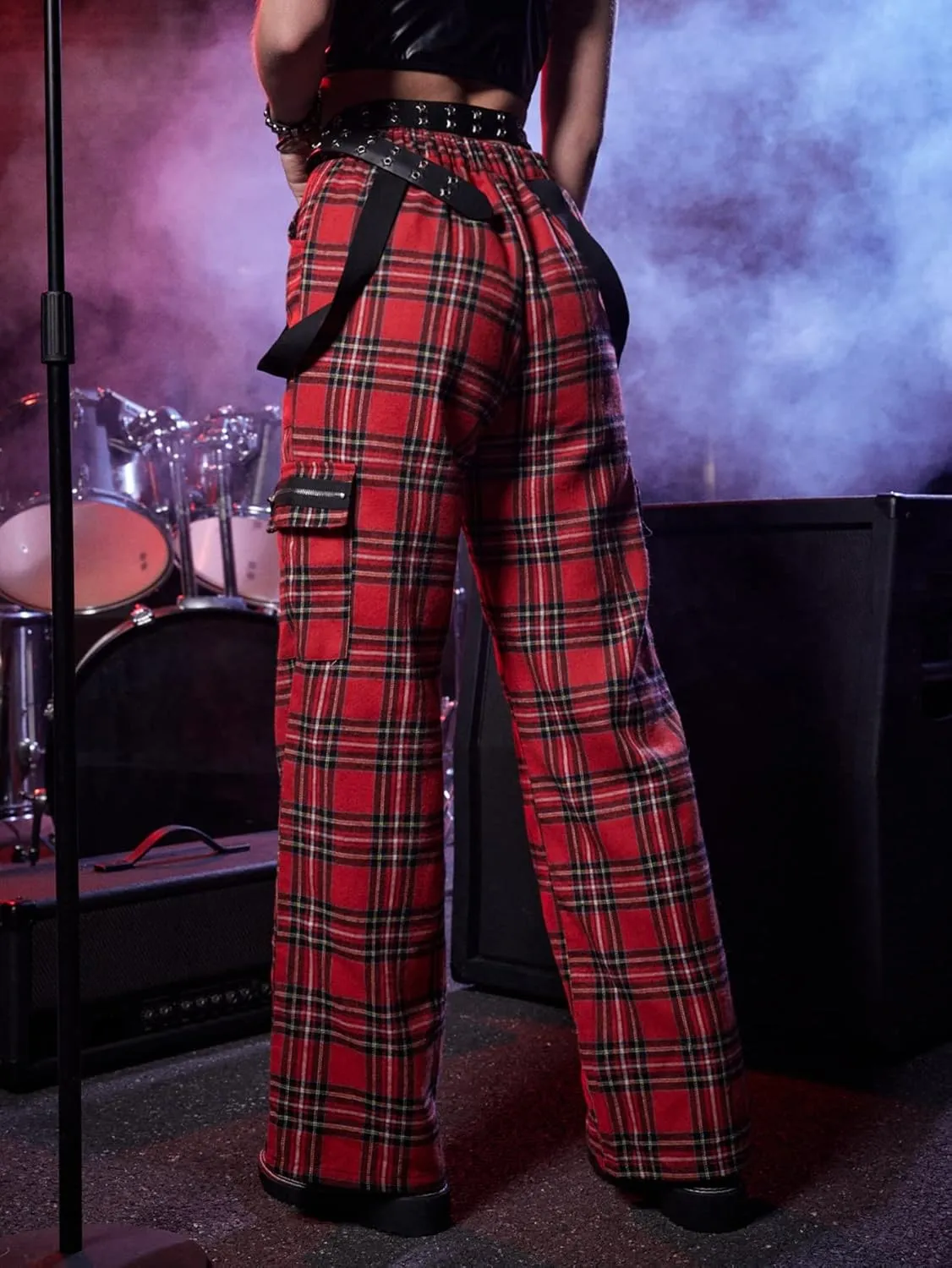 WDIRARA Women's Y2k Plaid Print Elastic Waist Fashion Straight Leg Pants Trousers