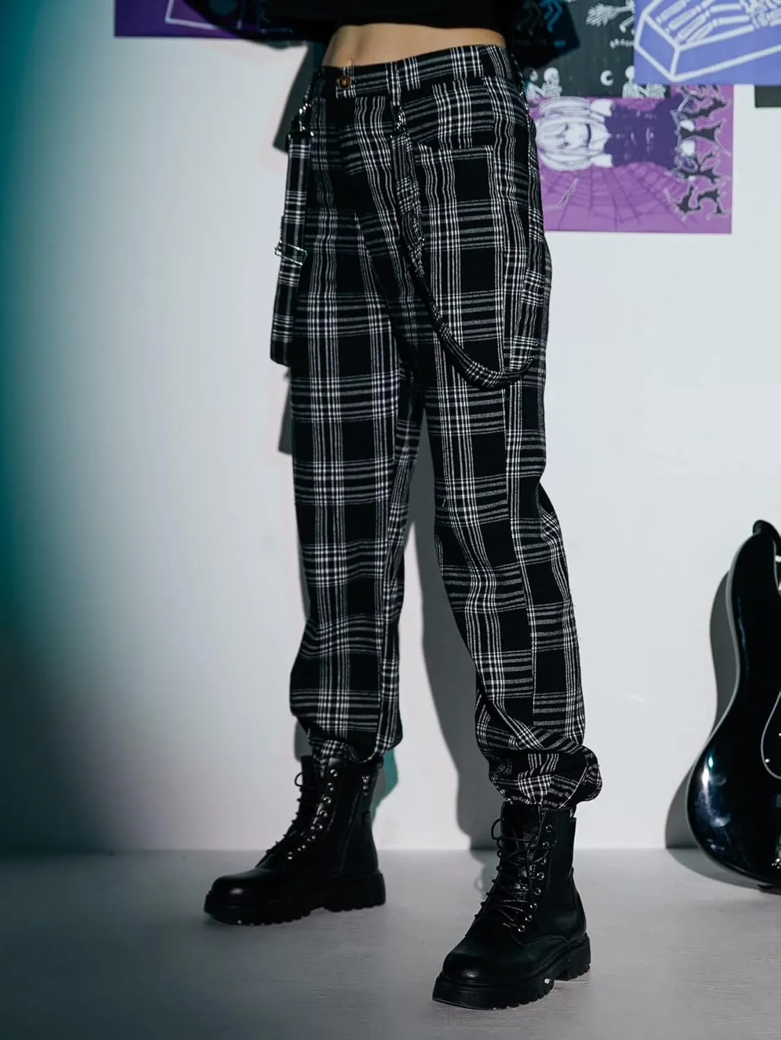 WDIRARA Women's Y2k Plaid Print Elastic Waist Fashion Straight Leg Pants Trousers