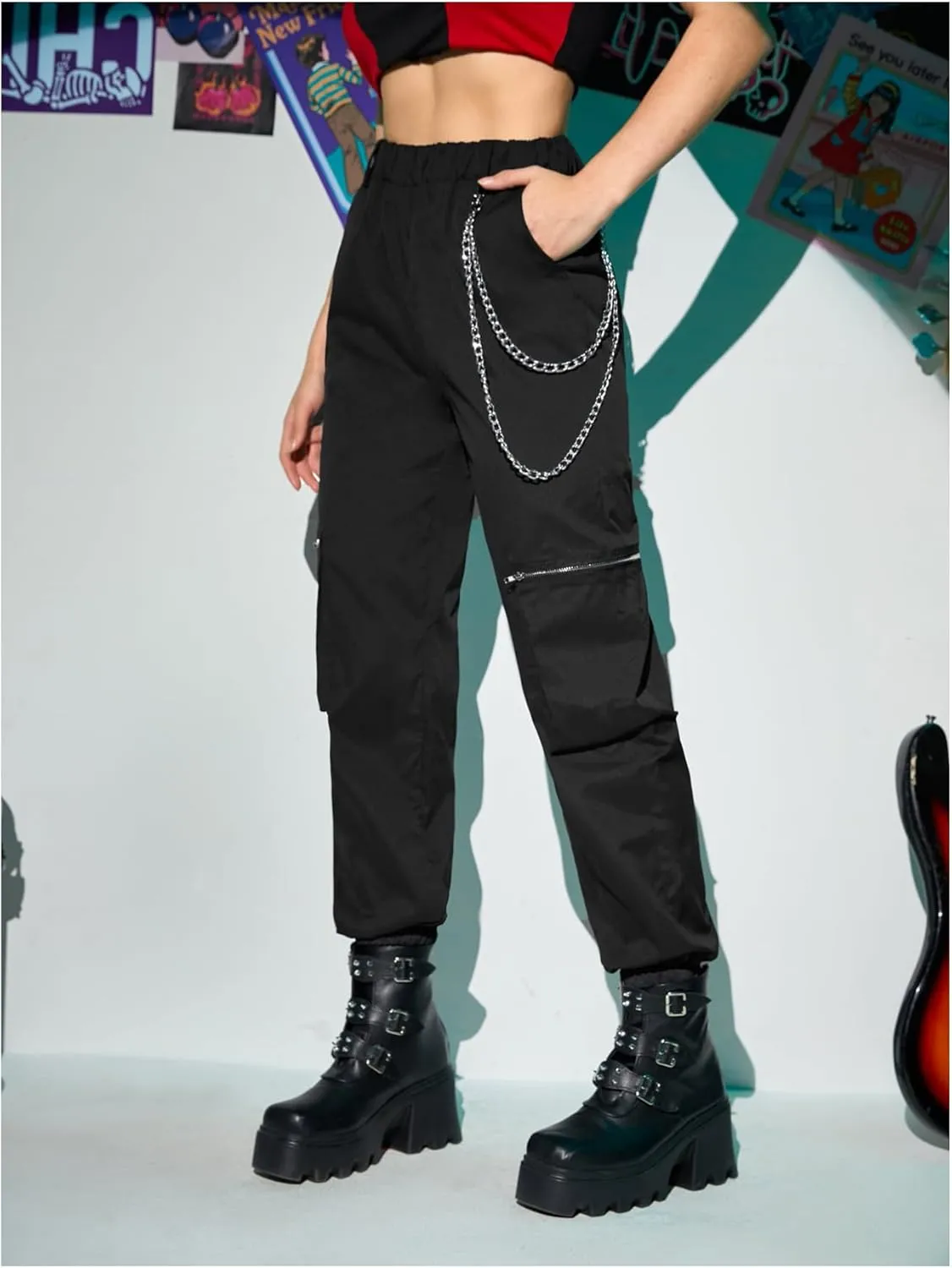 WDIRARA Women's Y2k Plaid Print Elastic Waist Fashion Straight Leg Pants Trousers