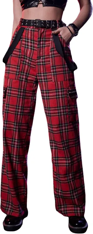 WDIRARA Women's Y2k Plaid Print Elastic Waist Fashion Straight Leg Pants Trousers