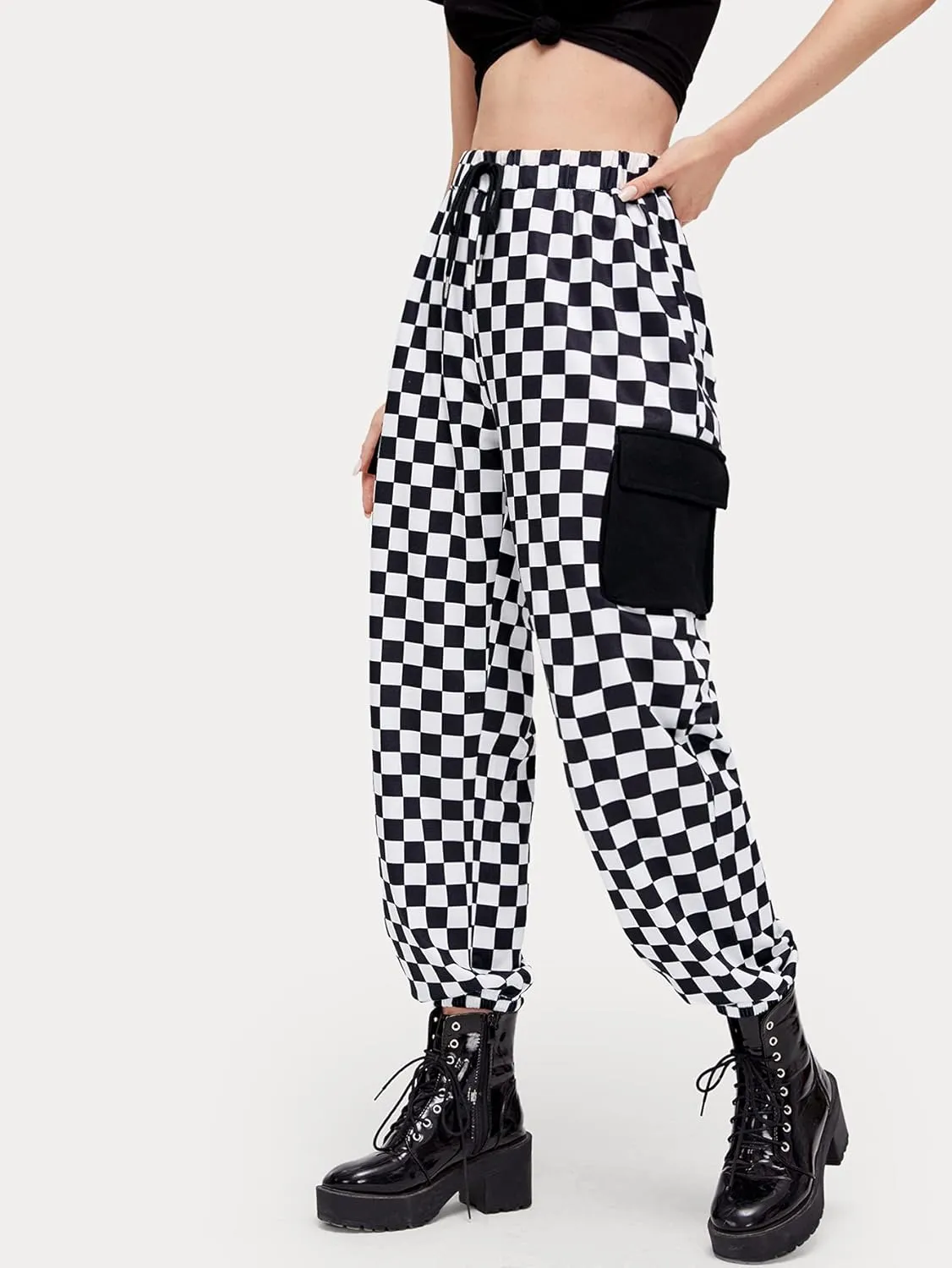 WDIRARA Women's Y2k Plaid Print Elastic Waist Fashion Straight Leg Pants Trousers