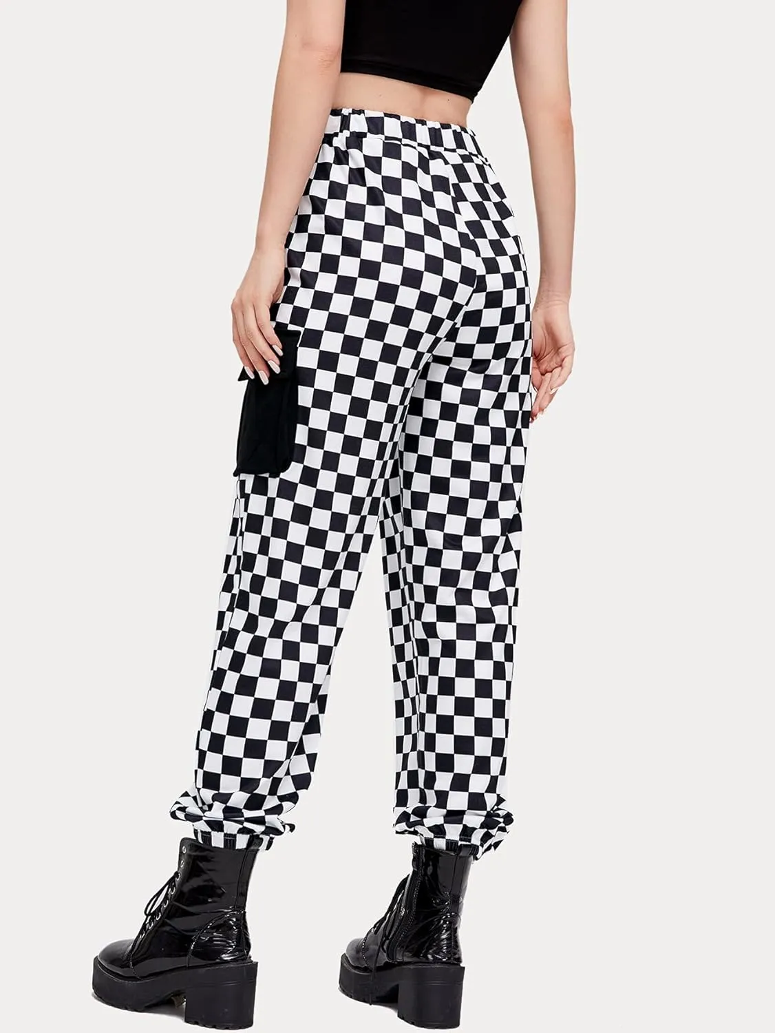 WDIRARA Women's Y2k Plaid Print Elastic Waist Fashion Straight Leg Pants Trousers
