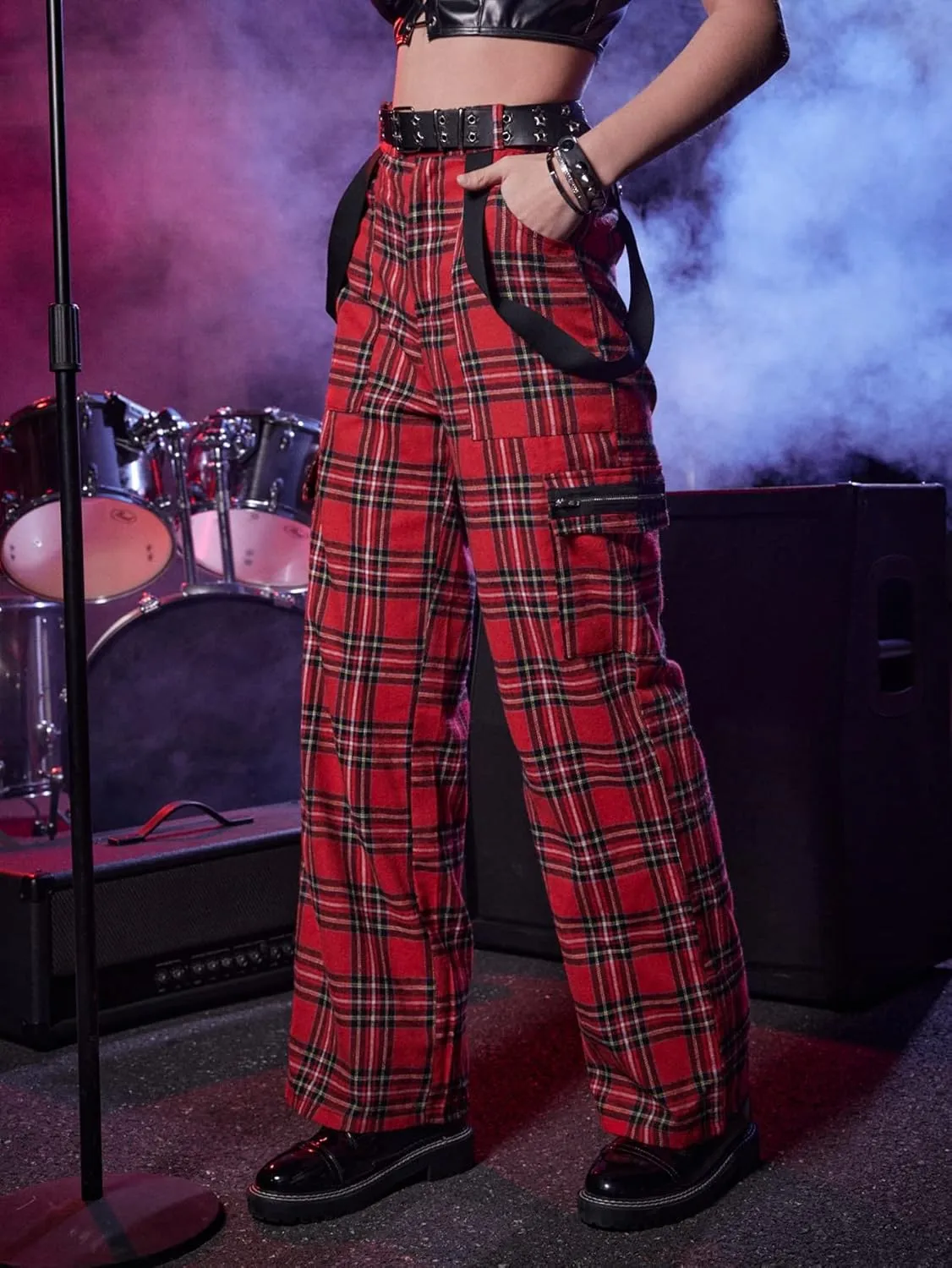 WDIRARA Women's Y2k Plaid Print Elastic Waist Fashion Straight Leg Pants Trousers
