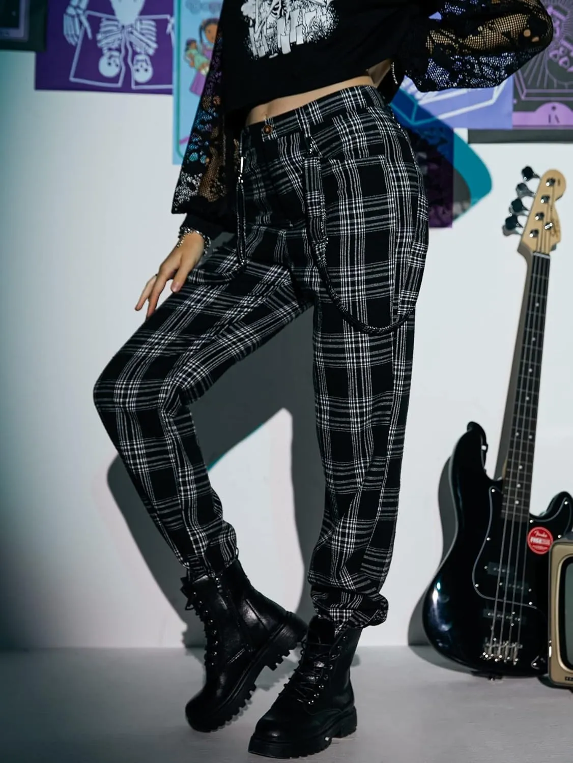 WDIRARA Women's Y2k Plaid Print Elastic Waist Fashion Straight Leg Pants Trousers