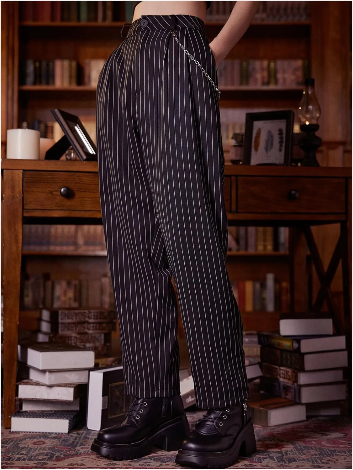 WDIRARA Women's Y2k Plaid Print Elastic Waist Fashion Straight Leg Pants Trousers