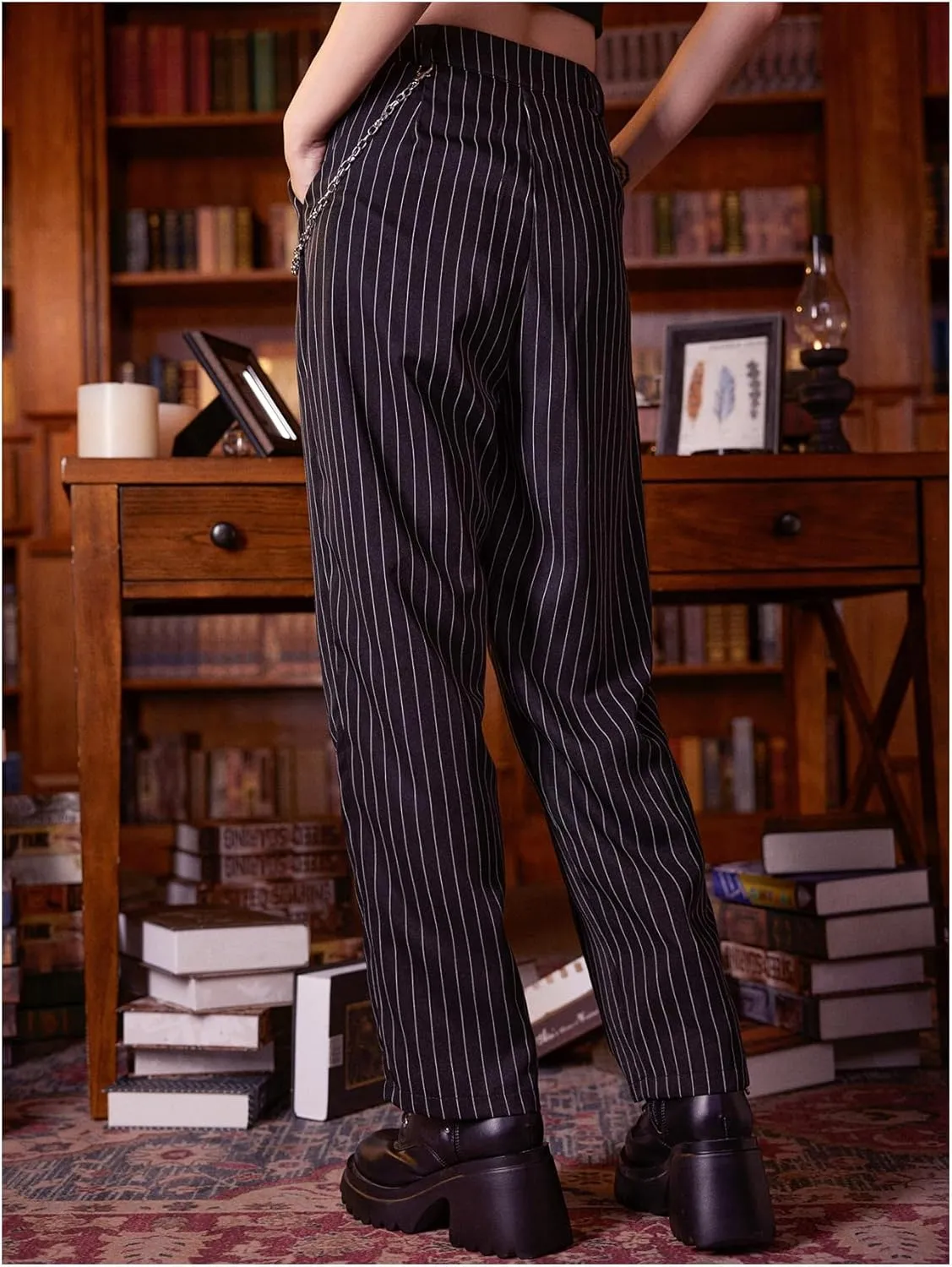 WDIRARA Women's Y2k Plaid Print Elastic Waist Fashion Straight Leg Pants Trousers