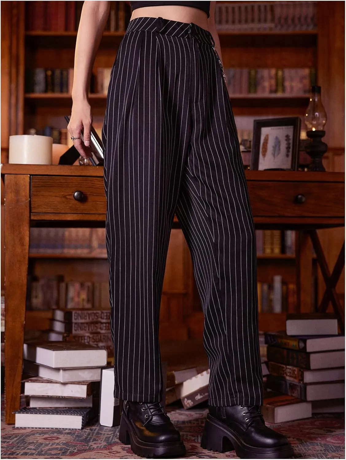 WDIRARA Women's Y2k Plaid Print Elastic Waist Fashion Straight Leg Pants Trousers