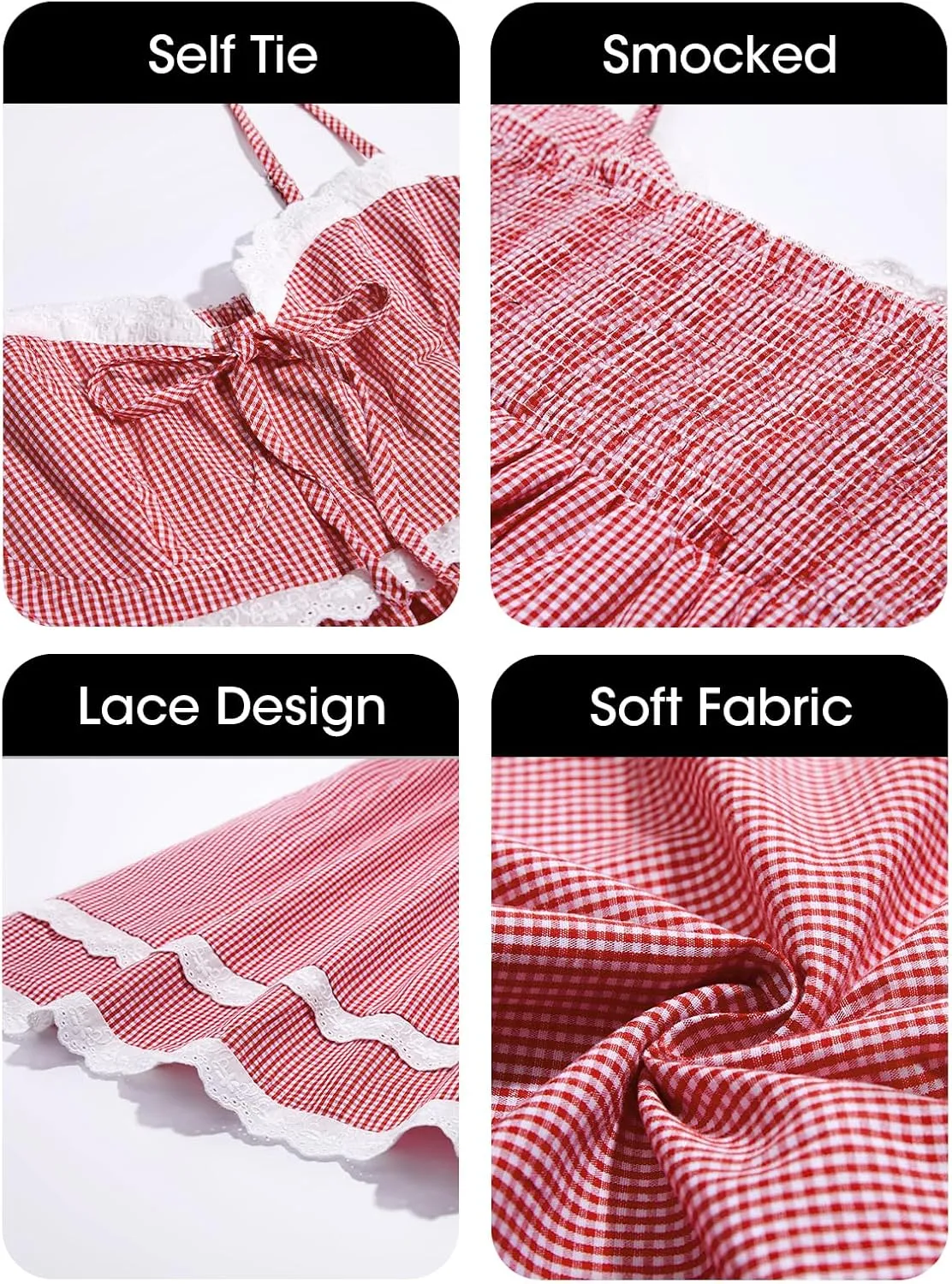 Wenrine Womens Summer Mini Dress Spaghetti Strap Sweetheart Y2K Plaid Lace Trim Tiered Beach Sundress Dresses