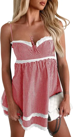 Wenrine Womens Summer Mini Dress Spaghetti Strap Sweetheart Y2K Plaid Lace Trim Tiered Beach Sundress Dresses