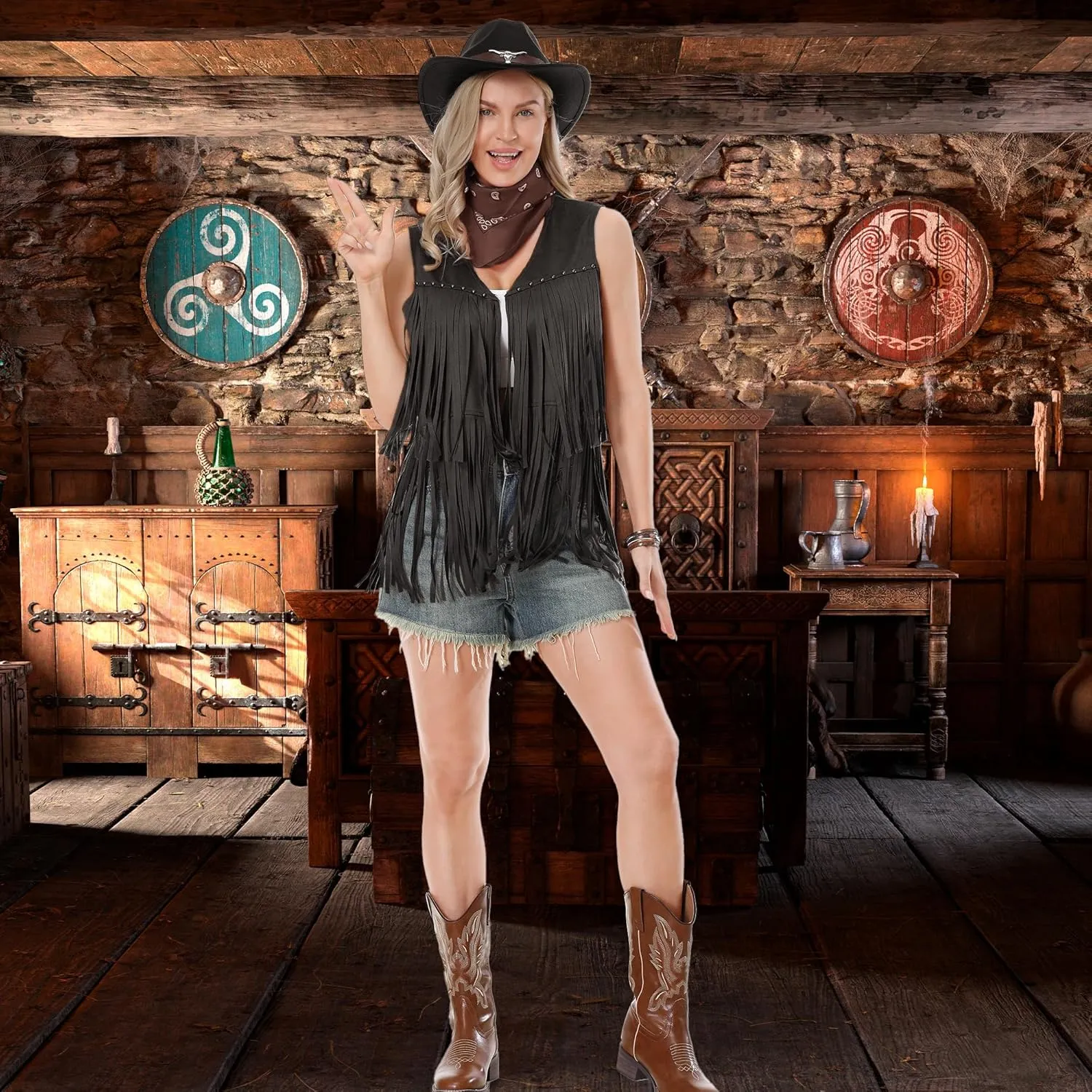 Western Cowgirl Costume for Women Cowboy Tassel Vest for Women Outfit with Hat Bandana Necklace