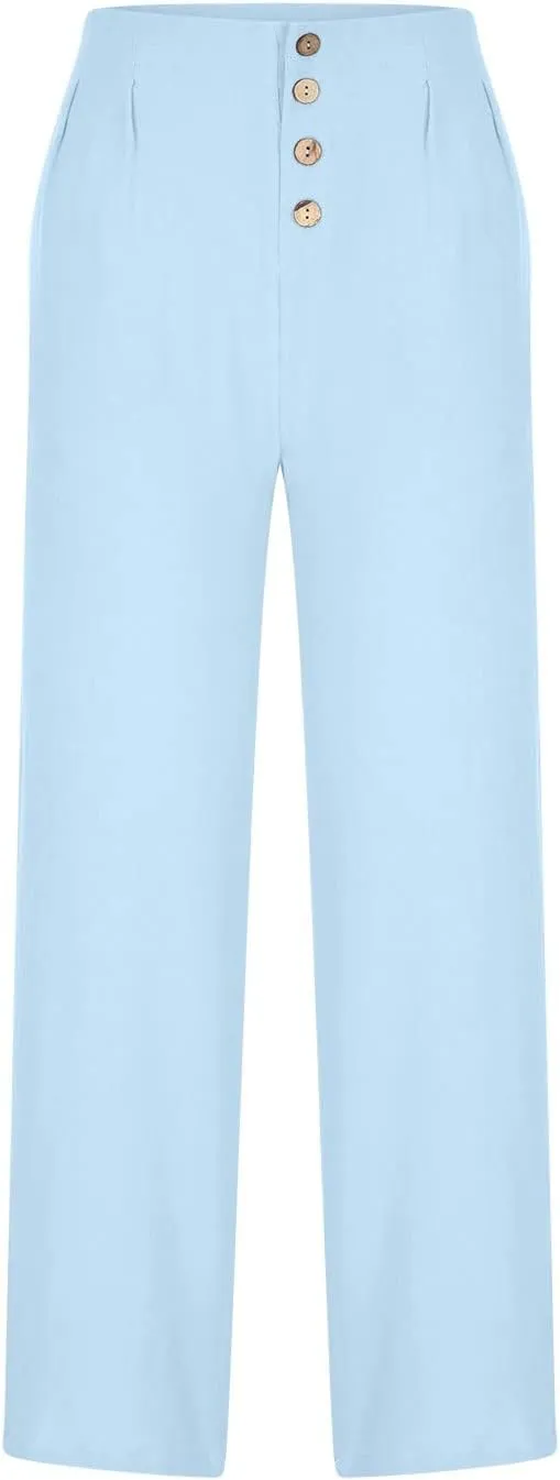 Wide Leg Linen Pants for Women Cotton Elastic Waisted Casual Loose Baggy Flowy Lounge Trousers with Pockets