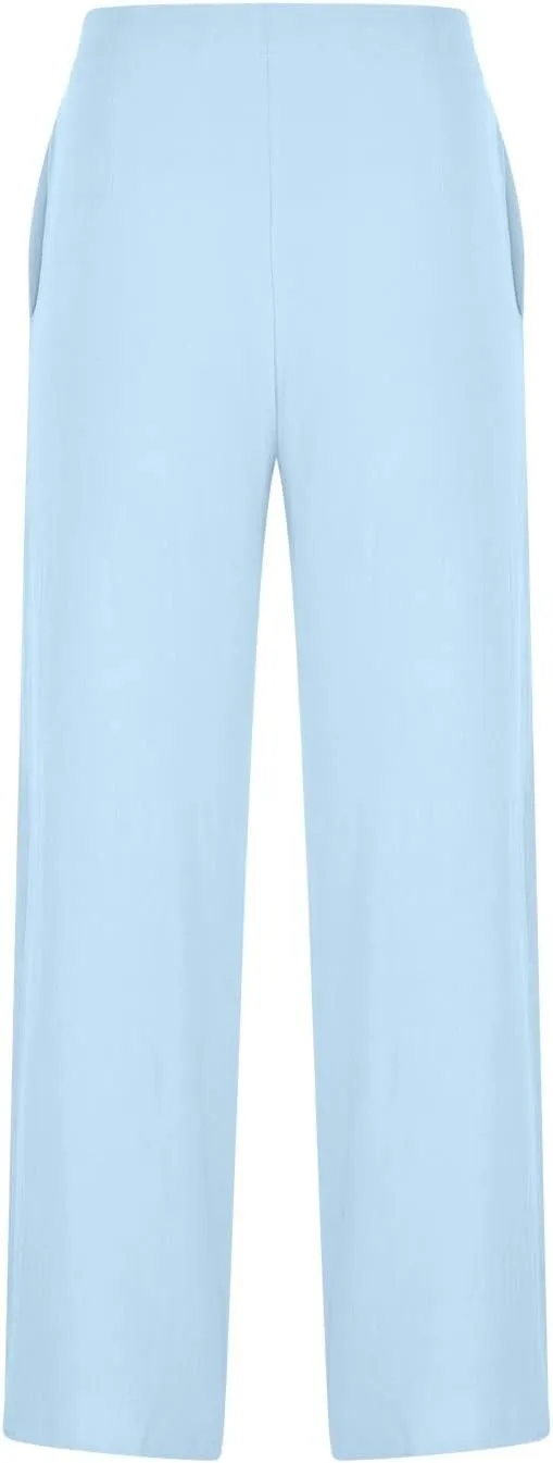 Wide Leg Linen Pants for Women Cotton Elastic Waisted Casual Loose Baggy Flowy Lounge Trousers with Pockets