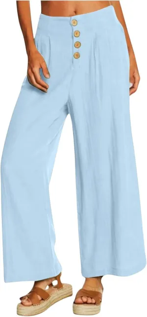 Wide Leg Linen Pants for Women Cotton Elastic Waisted Casual Loose Baggy Flowy Lounge Trousers with Pockets