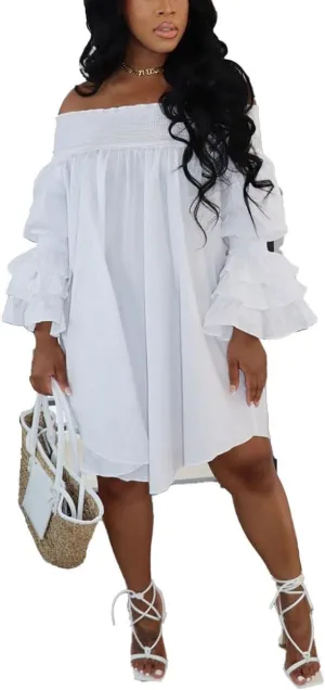 WOKANSE Women's Casual Plus Size Shirred Dresses Off Shoulder Bell Sleeves Ruffle Loose Stretchy Neck Midi Dress